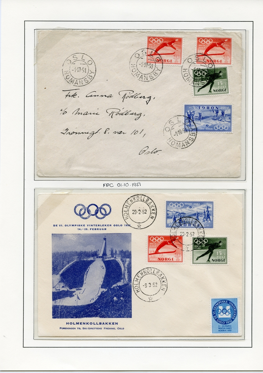 A4-side med to konvolutter der den første er sendt på frimerkenes utgivelsesdag 1.10.52. Konvoluttene har fire firmerker (et grønt med en skøyteløper, to røde med en skihopper og et blått med fjell- og vintermotiv). 
Den andre konvolutten er stemplet både den 29.2. og den 9.3.52 og er frankert med de samme frimerkene som på  konvolutten over. På venstre side av konvolutten er det et bilde av Holmenkollbakken med de olympiske ringene over. Nederst i høyre hjørne er det et klistremerke med emblemet for Oslo '52.