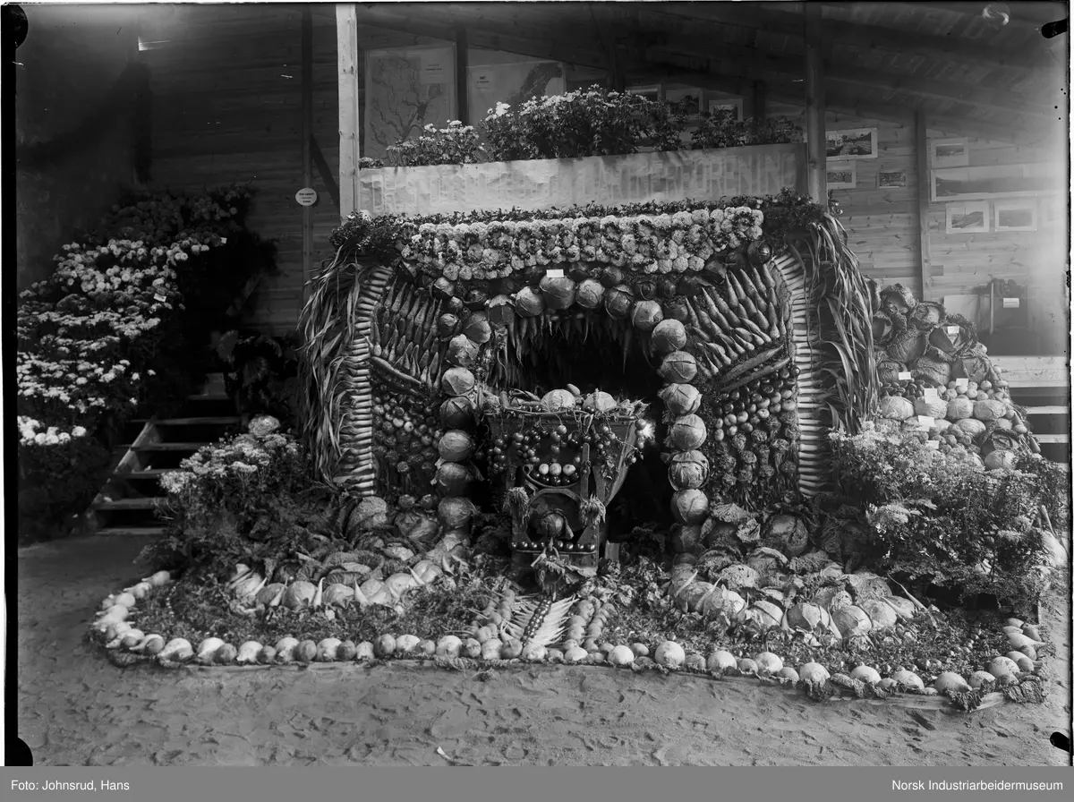 Fylkesutstillingen Kongsberg 1924. Utstilling for "Dr.S og Buskeruds gartnerforening. Grønnsaker montert i kunstenrisk utforming.