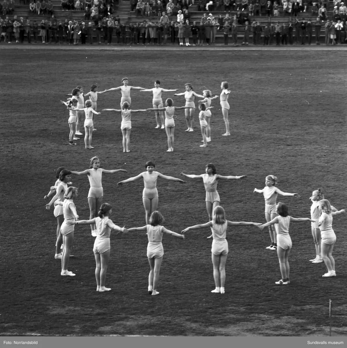 En stor serie bilder från firandet av Svenska flaggans dag 1956. Parad på Storbron med paradorkester, militär, scouter och mängder av olika föreningar och förbund. Därefter högtidlig uppställning i Idrottsparken med bland annat tal, körsång, gymnastikuppvisning och folkmusik.
