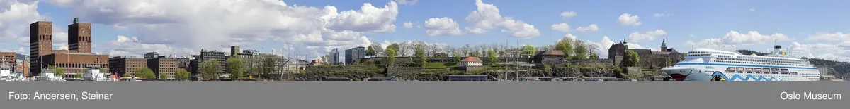 Panorama, utsikt, cruiseskip, seilskute, brygger, havn, fjord, Oslo øst, Oslo vest, Rådhuset, Akershus Festning