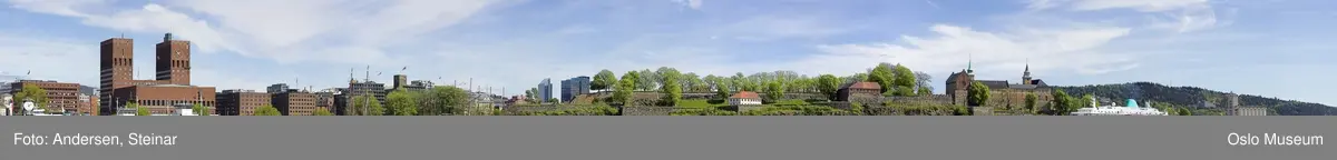 Panorama, utsikt, cruiseskip, seilskute, brygger, havn, fjord, Oslo øst, Oslo vest, Rådhuset, Akershus Festning