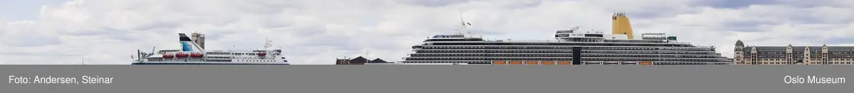 Panorama, utsikt, cruiseskip, seilskute, brygger, havn, fjord, Oslo øst, Oslo vest, Rådhuset, Akershus Festning