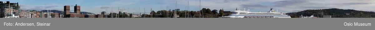 Panorama, utsikt, cruiseskip, havn, fjord, turistbåter, Rådhuset, Akershus Festning, Vippetangen, Sørenga, Ekebergåsen,
