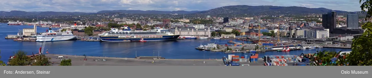 Panorama, utsikt, cruiseskip, havn, fjord, turistbåter, Rådhuset, Akershus Festning, Vippetangen, Sørenga, Ekebergåsen,