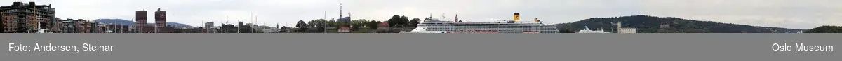 Panorama, utsikt, cruiseskip, havn, fjord, turistbåter, Rådhuset, Akershus Festning, Vippetangen, Sørenga, Ekebergåsen,
