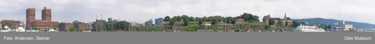 Panorama, utsikt, cruiseskip, seilskute, brygger, havn, fjord, Oslo øst, Oslo vest, Rådhuset, Akershus Festning