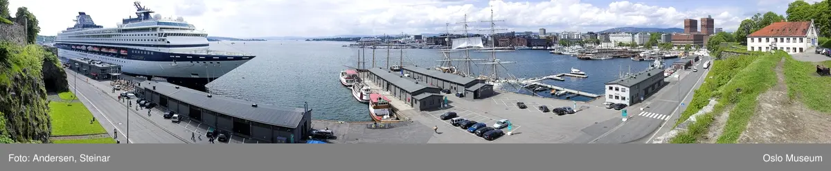 Panorama, utsikt, cruiseskip, seilskute, brygger, havn, fjord, Oslo øst, Oslo vest, Rådhuset, Akershus Festning