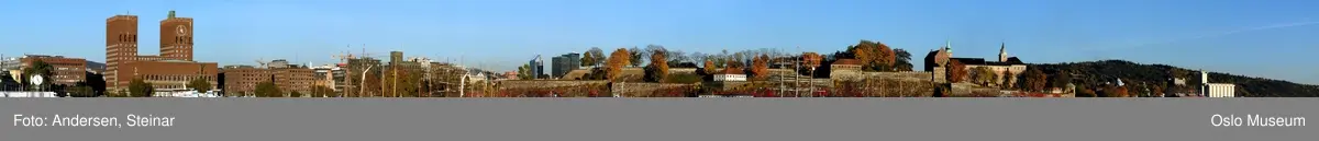 Panorama, byprospekt, utsikt, fjord, byggevirksomhet, havn, skip, båt, Akershus Festning, Rådhuset, containere, kran