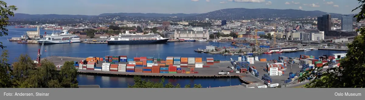 Panorama, utsikt, cruiseskip, havn, fjord, turistbåter, Rådhuset, Akershus Festning, Vippetangen, Sørenga, Ekebergåsen,