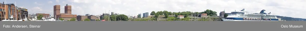 Panorama, utsikt, cruiseskip, seilskute, brygger, havn, fjord, Oslo øst, Oslo vest, Rådhuset, Akershus Festning