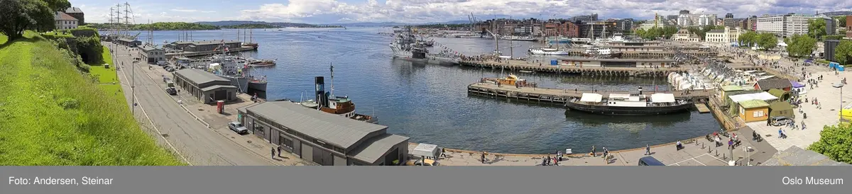 Panorama, utsikt, cruiseskip, seilskute, brygger, havn, fjord, Oslo øst, Oslo vest, Rådhuset, Akershus Festning