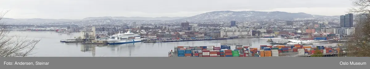 Panorama, sjø, havn, fjord, båt, skip, festning, byggearbeider, kran, mudder,