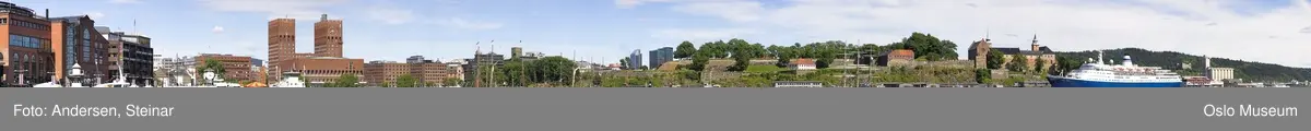 Panorama, utsikt, cruiseskip, seilskute, brygger, havn, fjord, Oslo øst, Oslo vest, Rådhuset, Akershus Festning
