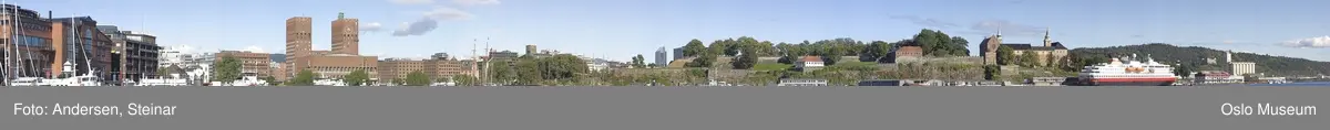 Panorama, utsikt, cruiseskip, seilskute, brygger, havn, fjord, Oslo øst, Oslo vest, Rådhuset, Akershus Festning