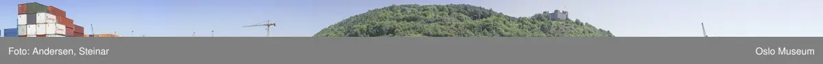 Panorama, sjø, havn, fjord, båt, skip, festning, byggearbeider, kran, mudder,