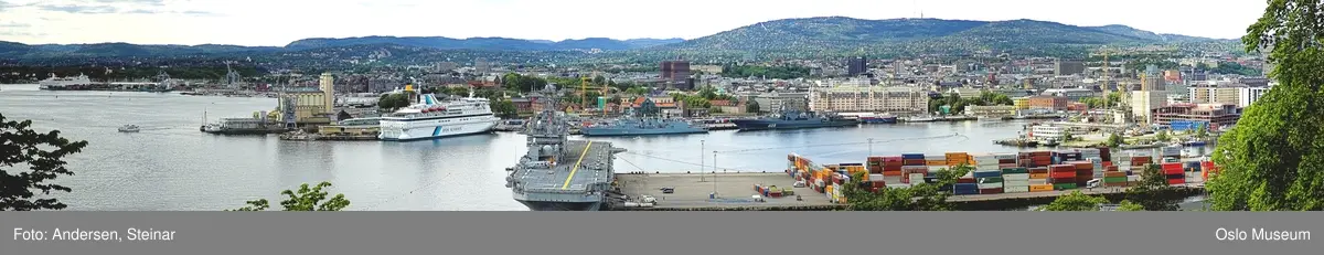 Panorama, utsikt, cruiseskip, seilskute, brygger, havn, fjord, Oslo øst, Oslo vest, Rådhuset, Akershus Festning