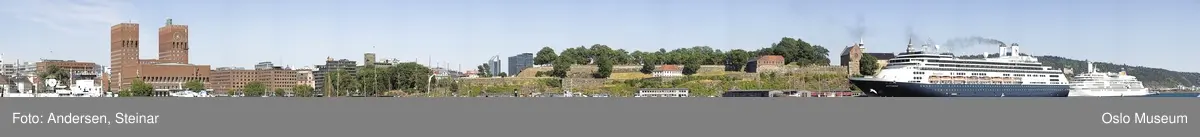 Panorama, utsikt, cruiseskip, seilskute, brygger, havn, fjord, Oslo øst, Oslo vest, Rådhuset, Akershus Festning