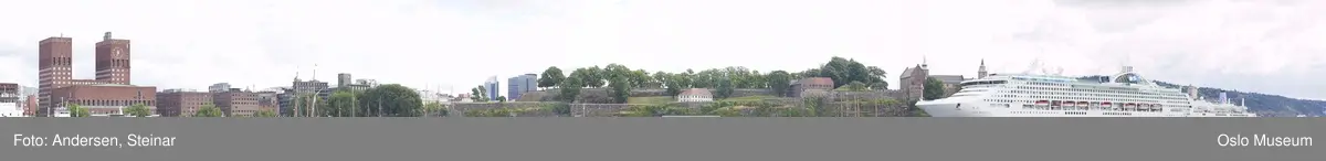 Panorama, utsikt, cruiseskip, seilskute, brygger, havn, fjord, Oslo øst, Oslo vest, Rådhuset, Akershus Festning