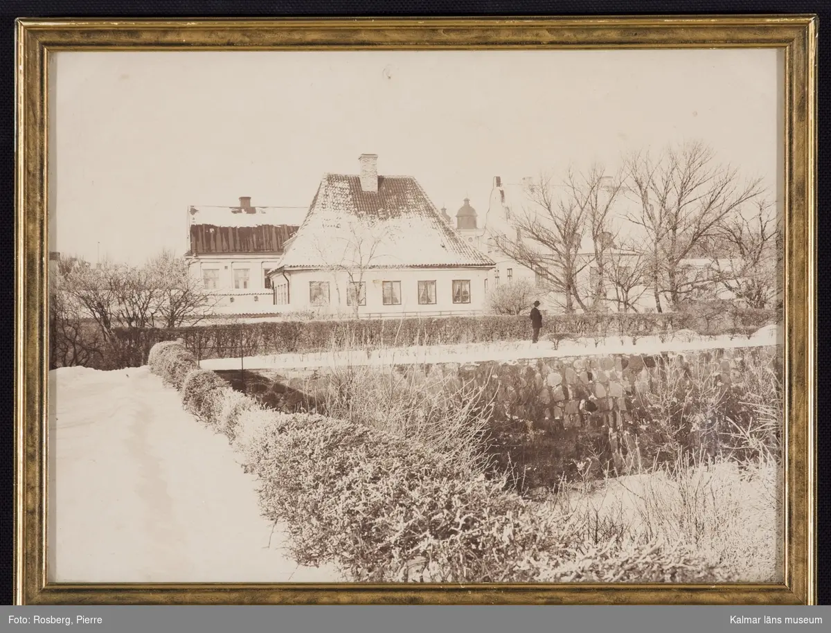 Motivet visar Domprostgården och Dahmska huset i vinterskrud från söder, i förgrunden en del av stadsmuren vid Bastionen Johannes Rex, träd och växtlighet runt promenadstråket uppe på muren.