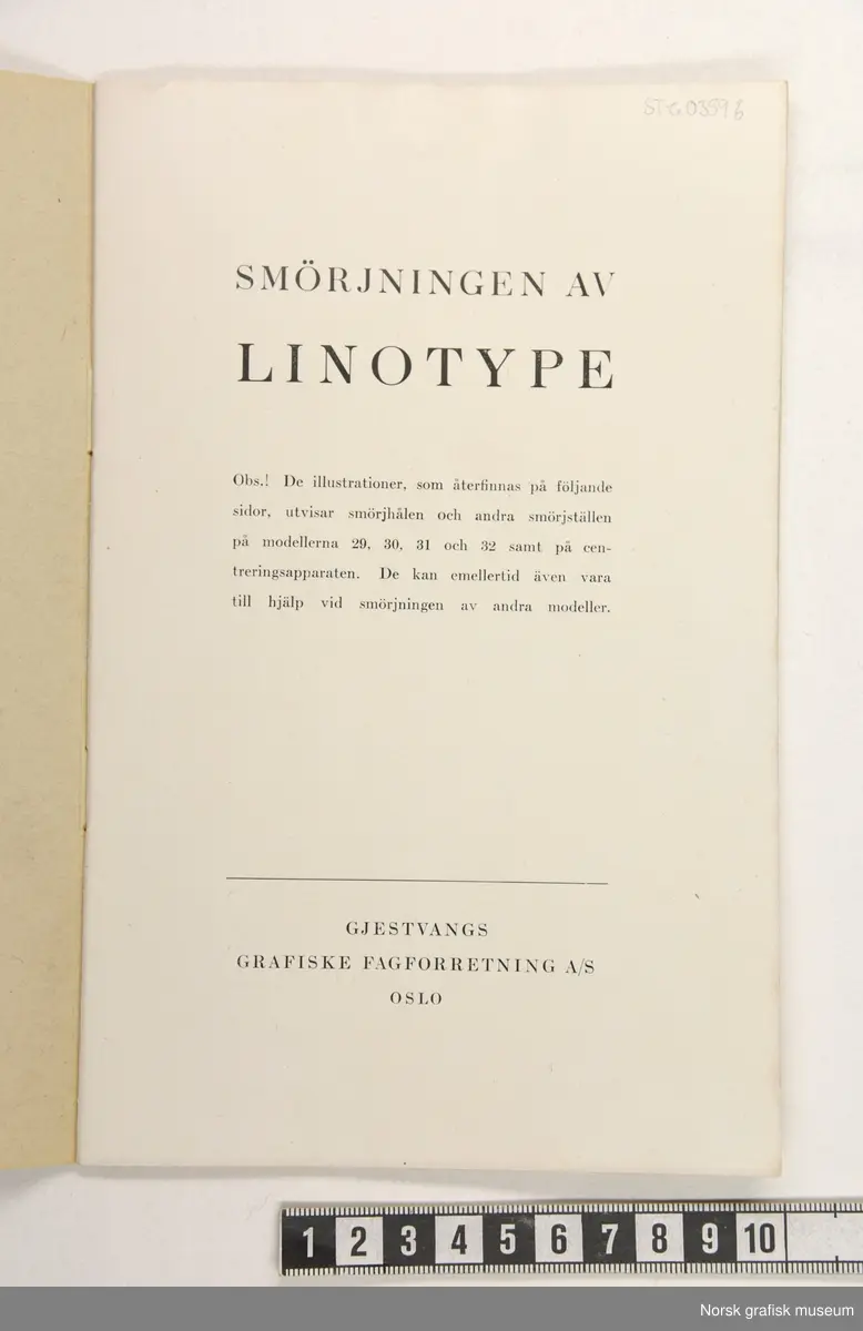 Et hefte om smøring av linotype trykkemaskiner.