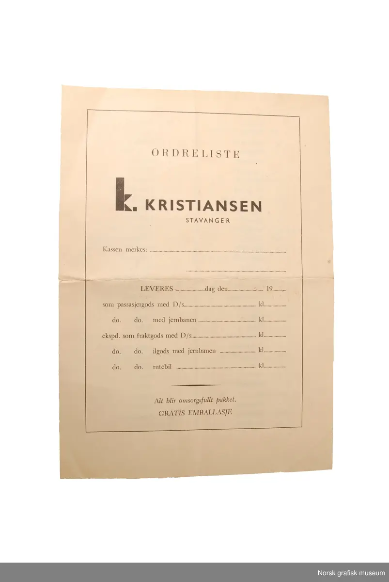 Ordreliste fra K. Kristiansen