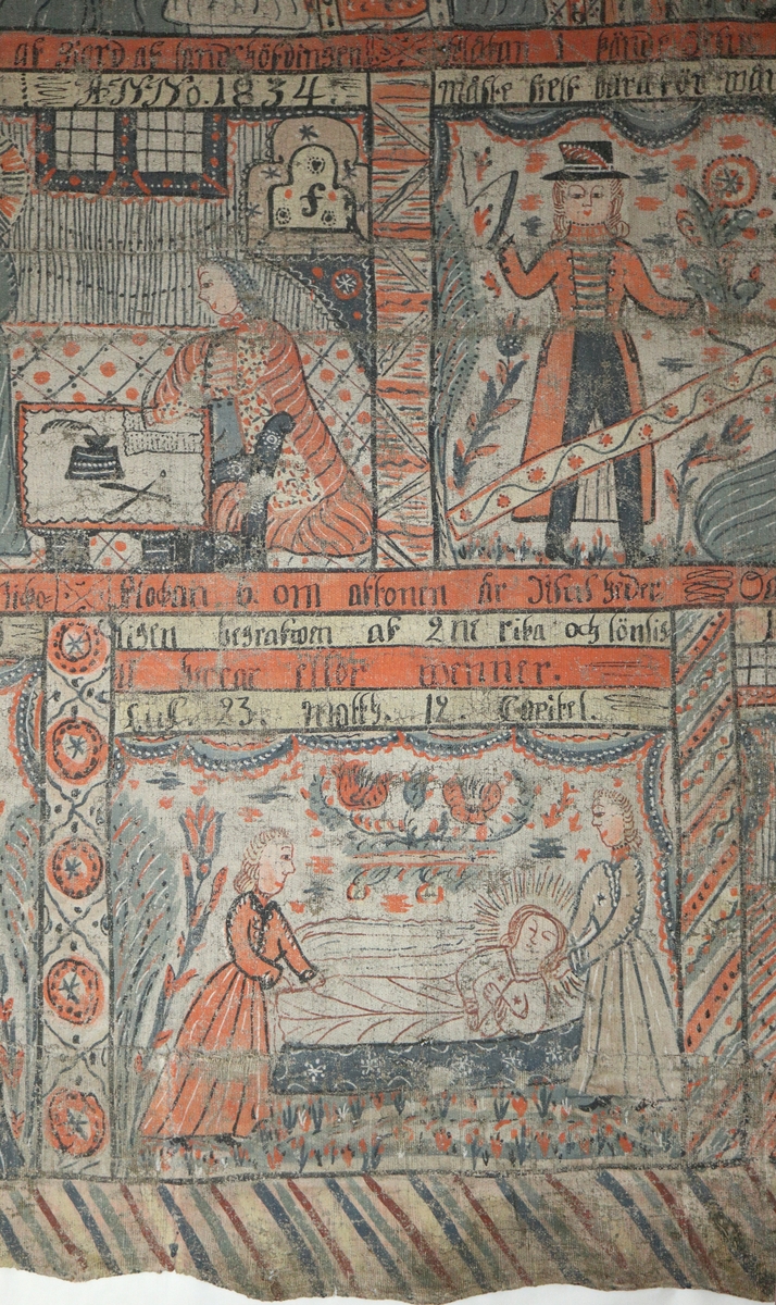 Bonadsmålning av okänd konstnär från Sunnerbogruppen utförd i tempera baserad på ägg och eventuellt mjöl (Nyström 2012:150-151) målad på grovt tuskaftvävt linnetyg. Motiven framställer bilder ur Kristi lidande historia samt Salomo som dömmer emellan två skökor.  "ANNO 1834" finns skrivet på del av vit bård till vänster om mitten.
Linnetyget består av två bredare horisontella våder hopsydda stad till stad samt en smalare hopsydd av två delar längs nederkanten. Ett par mindre papperslappar har använts som laglappar och limmades fast före målningen utfördes.

Inskrivet i huvudkatalog 1867.