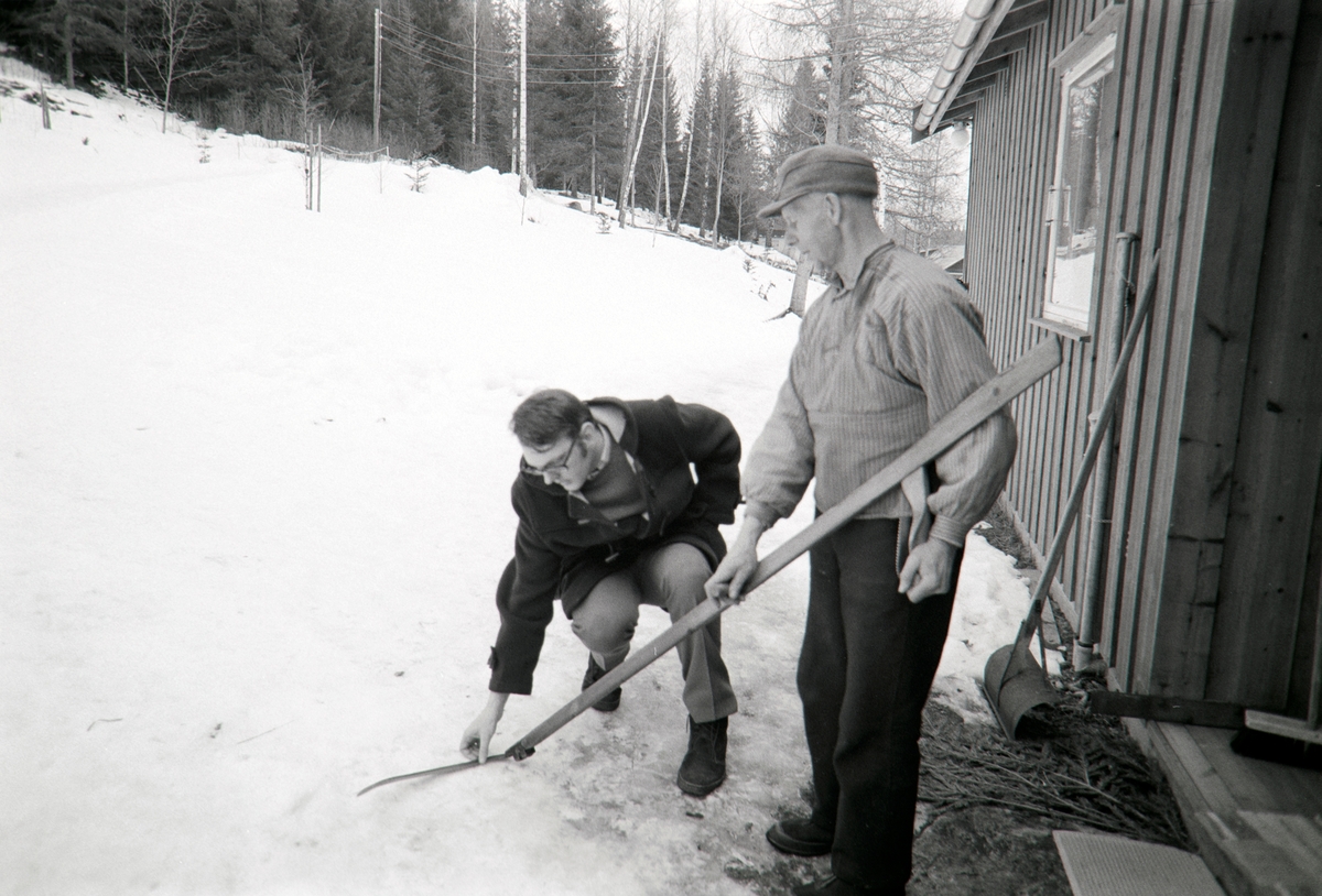 Stange, Lillehov gård, Gudolv Lillehov med en ljå, Ragnar Pedersen kjenner på eggen. Gudolv ga i 1969 Lillehovbygningen i gave til Hedmarksmuseet. Ragner samler opplysning om ljåer til forskning,