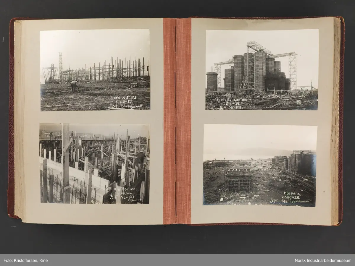 Fotoalbum med 88 sider og 164 innlimte fotografier fra Norsk Hydro på Herøya. Fotografiene viser starten av Eidanger Salpeterfabriker