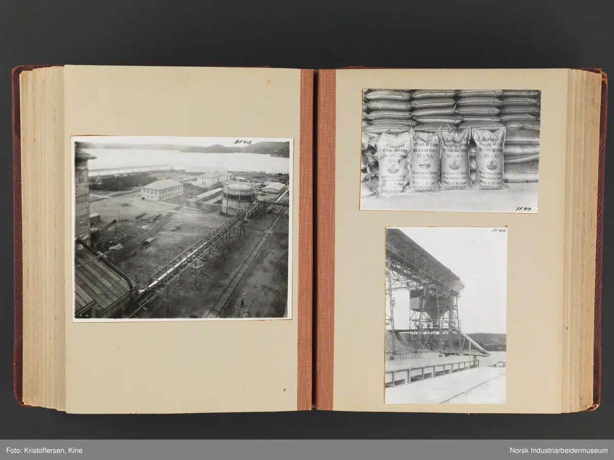 Fotoalbum med 88 sider og 116 innlimte fotografier fra Norsk Hydro på Herøya. Fotografiene viser starten av Eidanger Salpeterfabriker