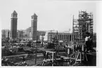 Vy från utställningsområdet under uppbyggnad. Världsutställningen i Barcelona 1929.