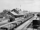 Eskilstuna Centralstation. Stationen byggdes av Oxelösund - Flen - Västmanlands Järnväg, OFWJ, 1876. Namnet Eskilstuna Central tillkom 1895 då Norra Södermanlands Järnväg öppnade Eskilstuna Norra och Esilstuna Södra station.
Ångvagnen till vänster i bild ska enligt uppgift ha trafikerat sträckan Eskilstuna-Kvicksund  åtminstone så sent som 1905.
Ångloket framför stationshuset är ett av de sju lok som OFWJ anskaffade från Stewart Manchester England  1874-1875.
På spåret i mitten av bilden syns ett flertal treaxliga malmvagnar från OFWJ och Frövi-Ludvika Järnväg, FLJ. Däribland OFWJ 682.
I bakgrunden skymtas Fors kyrka.