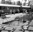 Statens Järnvägar, SJ  SNLC-tåg på station. SNLC, Sunlit Nights Land Cruises eller  Dollartåget, som det också kallades, var ett lyxtåg avsett för turister som ville se midnattsolen i norra Sverige