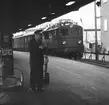 Stockholm Central, södra delen. Statens Järnvägar SJ F 697 på ingång från Norra Järnvägsbron, och Riddarholmen.