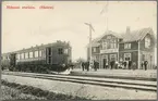 Järnvägsstationen i Näsum år 1908 med en ångvagn i förgrunden.
