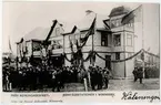 Invigning av Östra Centralbanans Järnvägar, ÖCJ vid Vimmerby station. Kungen Oskar den II tillsammans med kronprinsen Gustav V på besöket.