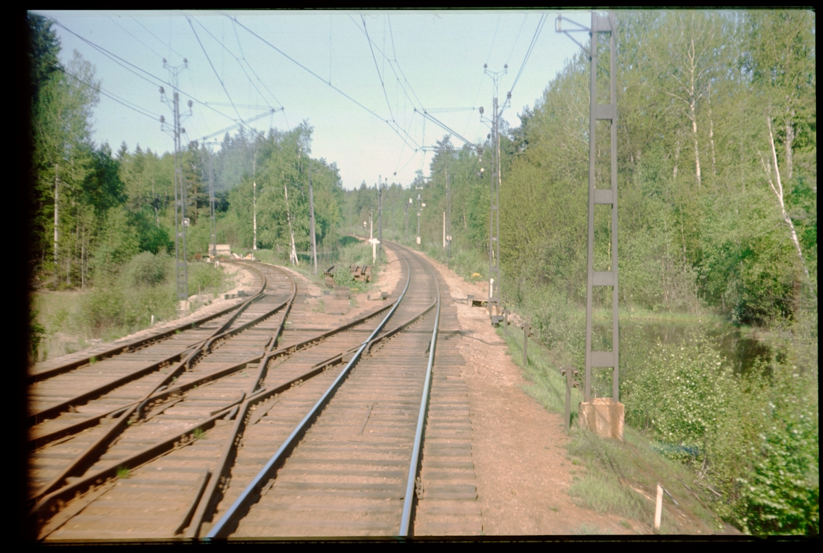 Bangården i Stålboga.
Till vänster: spåret till Malmköping och Skebokvarn, MlSlJ.
Till höger: spåret till Eskilstuna, NrSlJ.