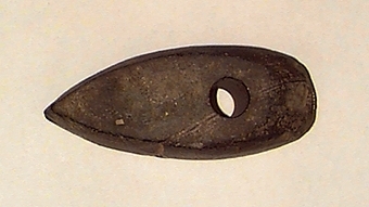 Skafthålsyxa av bergart. Plan ovan- och undersida. Slipad. Yttersta nackpartiet sluttar skarpt.