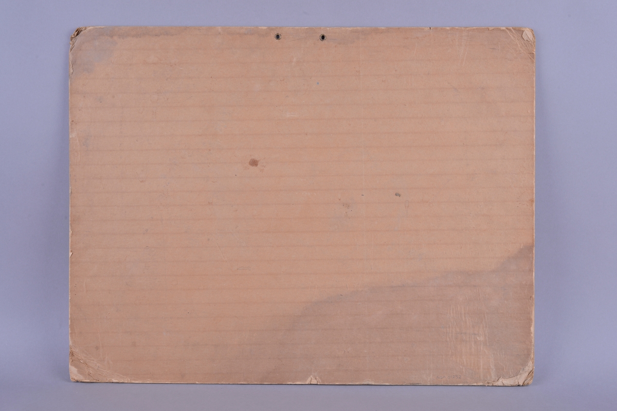 Rektangulær plansje av hvitt papir festet på kartong. Rektangulært motiv som er sentrert i midten av plansjen. Motivet er trykt i svart- hvitt. Midt på øverst på plansjen er det to hull for oppheng.  Det er trykt tekst på undersiden av motivet i form av svarte trykte bokstaver.