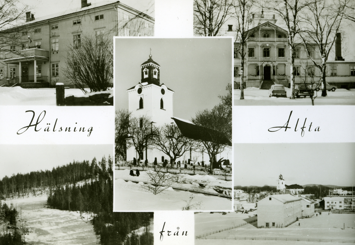 Collage med fem bilder från Alfta. I mitten Alfta kyrka med kyrkogården i förgrunden. Bilden omgärdas av byggnader och vyer från Alfta samt Voxna älv.