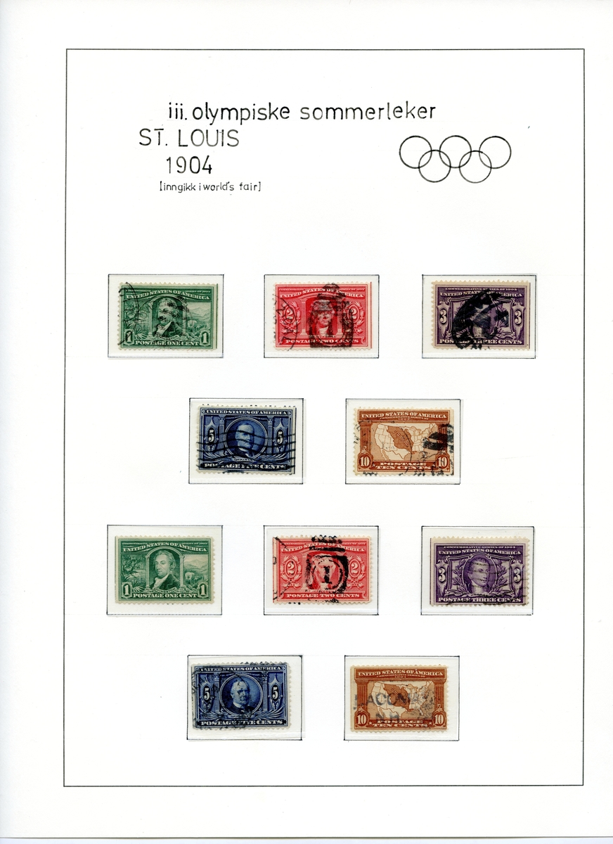 10 amerikanske frimerker fra 1904 (5 ulike frimerker) som viser sentrale personer knyttet til "The Louisiana Purchase" i 1803 der 15 stater ble kjøpt fri fra Frankrike. To frimerker med grønn bakgrunnsfarge viser portrettet av Livingston, to frimerker med rød bakgrunnsfarge viser portrett av Jefferson, to med fiolett bakgrunnsfarge som viser Monroe, to blå viser Mc Kinley, og to brune frimerker som viser kart over de aktuelle statene.