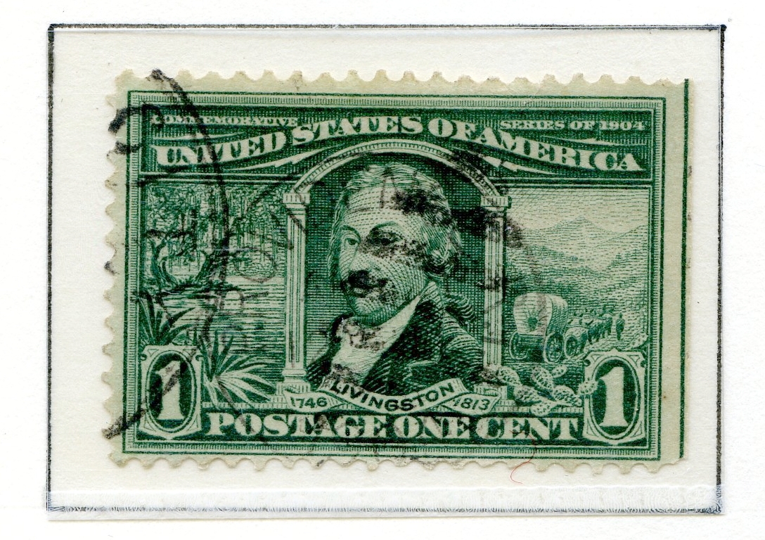 10 amerikanske frimerker fra 1904 (5 ulike frimerker) som viser sentrale personer knyttet til "The Louisiana Purchase" i 1803 der 15 stater ble kjøpt fri fra Frankrike. To frimerker med grønn bakgrunnsfarge viser portrettet av Livingston, to frimerker med rød bakgrunnsfarge viser portrett av Jefferson, to med fiolett bakgrunnsfarge som viser Monroe, to blå viser Mc Kinley, og to brune frimerker som viser kart over de aktuelle statene.