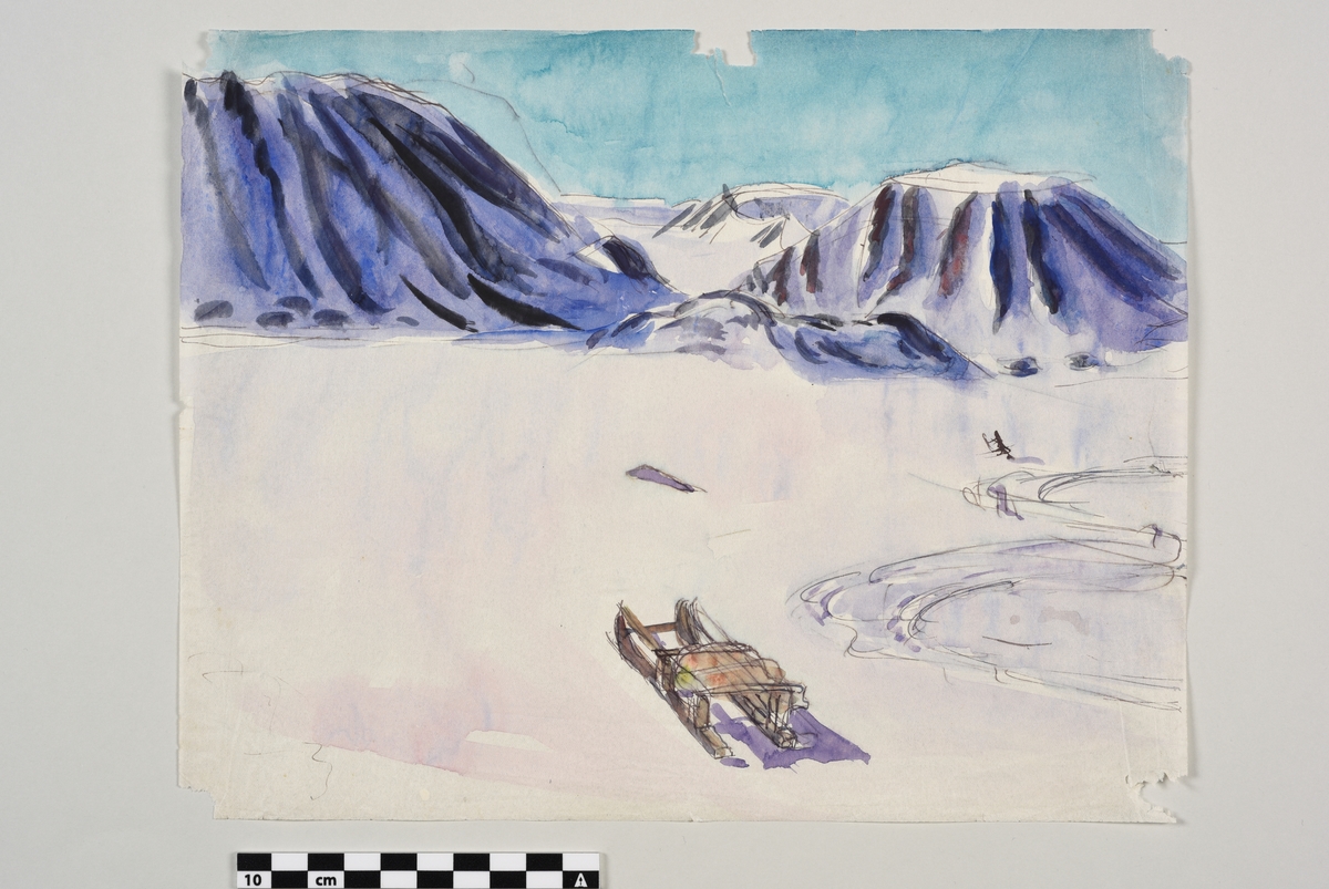 Seks stykk ark av tynt nesten transparent papir med samme størrelse.
Det er et maleri med transparente, vannoppløselige farger på alle arkene. Motivet er et panorama av et snødekket fjellandskap som strekker seg over de seks bildene.