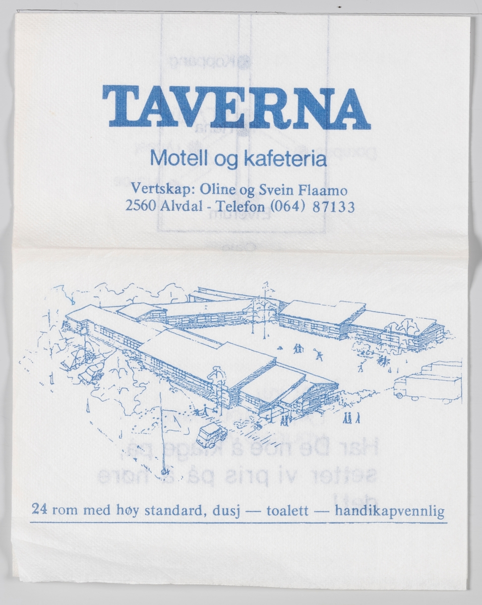 En tegning av bygningen, et veikart og en reklame for Taverna Motell og Kafeteria i Alvdal.