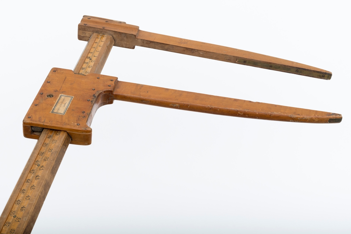 Uvanlig stor måleklave, såkalt «skyveklave», for diameterundersøkelser av stående trær og tømmerstokker. Klaven er lagd av tre. Den har en 101,9 centimeter lang linjal (inkludert den delen som er tappet gjennom den faste klavearmen). Klavelinjalen er 5,0 centimeter bred og snaut 1,4 centimeter tjukk. I den ytre enden er det påtappet en fast klavearm som er 50,6 centimeter lang, hvorav 43,0 centimeter er på den sida av linjalen som skulle vendes mot det objektet som skulle måles. Klaven har også en bevegelig arm, dimensjonert og formet som den faste, men innfestet et 15,7 centimeter langt og 9,5 centimeter bredt (midtmål) handtak, som brukes til å manøvrere den bevegelige armen langs klavelinjalen. Handtaket har en messingskrue, som antakelig skulle kunne regulere friksjonen mellom den bevegelige klavearmen og linjalen. Treverket i linjalen har en påtrykt måleskala med strekmarkeringer med centimetermål på den ene flatsida. Målene avleses der innerkanten av den bevegelige armen møter linjalen når klavearmene ligger an mot barken eller yteveden på trær eller tømmerstokker som skal diametermåles.

Dette er en tyskprodusert tømmerklave, lagd for diametermålinger i et skogbruk der det kunne forekomme trestammer med diametermål som var langt større enn dem som var vanlige i norsk skogbruk. Klavertypen skal særlig ha vært brukt under taksasjonsarbeid.

Eldre gjenstandsbeskrivelse:
«Klaven er lakkert lys brun. Armene er 4 cm brede og 1, 7cm tykke. Mot spissene er de messingbeslått. Den beveglige armen har et kraftig håndtak, 15, 8cm langt og 9, 5cm bredt. Den kan låses med en messingskrue. Denne klaven er en s. k. Heyer-Standinger-klave s om ble brukt mye til taksasjon.»