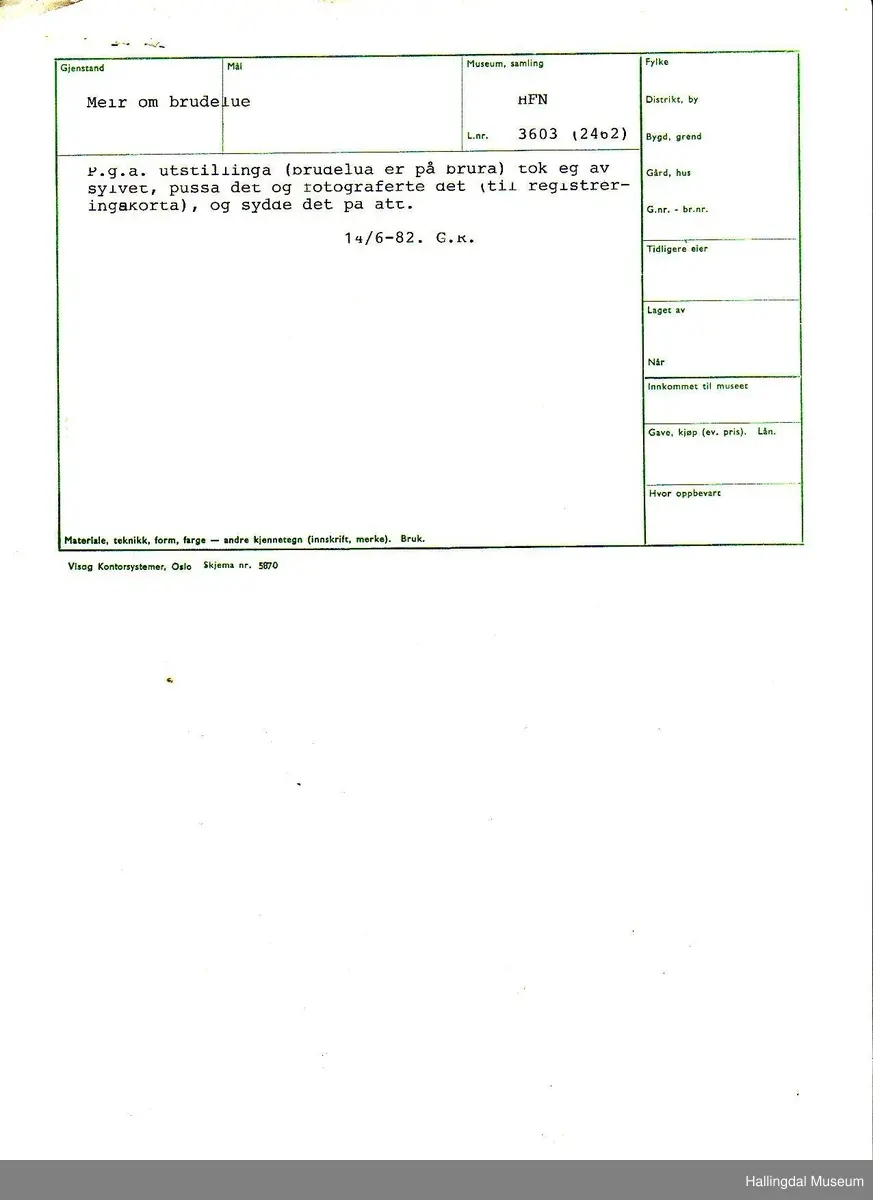 Brudelue HFN 03603 består av stølebelte HFN 03127, 5 søljer: HFN 03128, HFN 03129, HFN 03130, HFN 03131 of HFN 03132.  Det er også 4 hekter på brudelua: HFN 03133 a-b, HFN 03134, HFN 03135 a-b og HFN 03136 a-b.