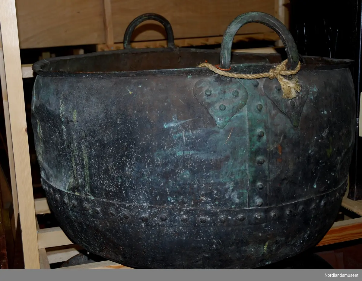 copper-bowl, riveted, with 2 handles, diameter: ca. 85 cm