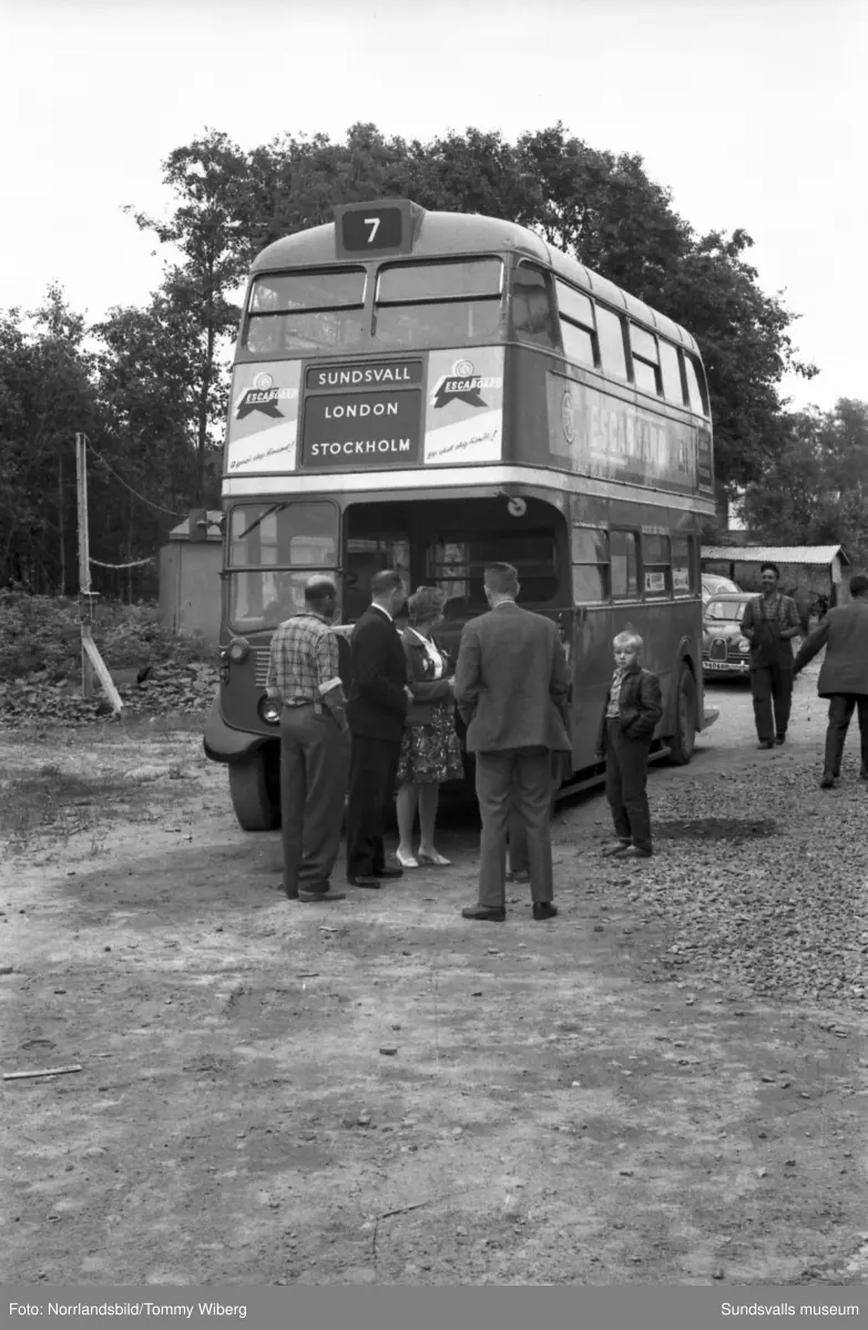 En dubbeldäckad veteranbuss från London väckte uppståndelse då den rullade ombord på Alnöfärjan 1960. Den 20 år gamla veteranbussen var inköpt av SCA för att fungera som rullande utställning, efter en rejäl renovering och ombyggnad vid karosserifabriken på Alnö.