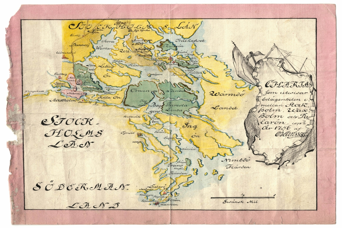 Karta som visar Stockholm och delar av skärgården, från
Vaxholm i norr, till Dalarö i söder. Kartan daterad i Stockholm 1756.
Invid titeln avbildas en skeppsmast och en flagga.