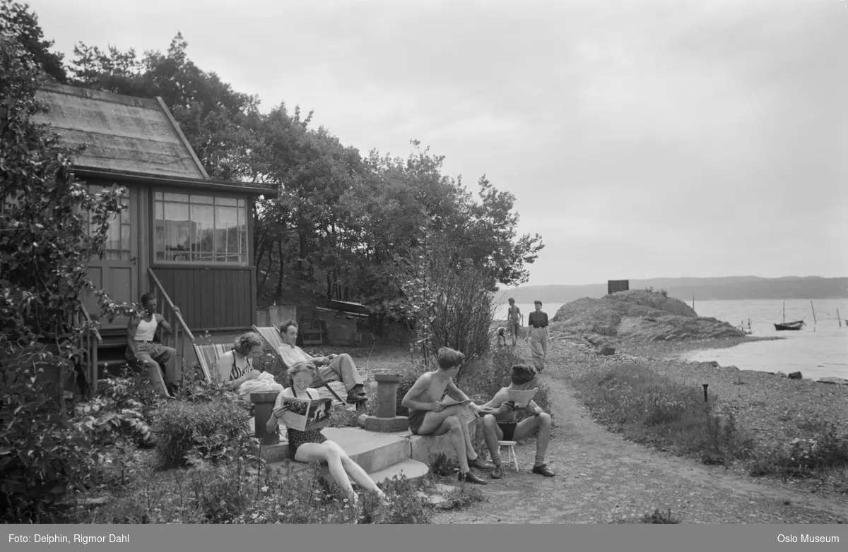 hytte, hage, kvinner, menn, strand, fjord