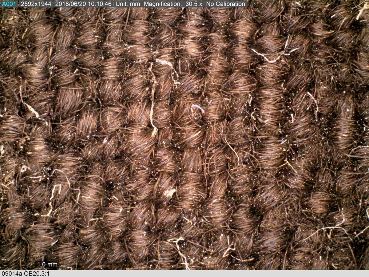 Textildokumentation 2018
Textil, fyndnumret består av mer än 50 st fragment uppdelade på 09014a-h.
Kontextgrupp ÖB20 (övriga fyndnummer i gruppen: 07732, 07762, 09228)
Relaterade fynd: Kontextgrupp ÖB17 och ÖB 18.
.
Fnr 09014a Typnr ÖB20.3:1
Sammanfattning - Ett textilfragment av ull vävt i tuskaft. Färgen är nu mörkbrun, fibrerna varierar i färg vilket tyder på att det är naturfärgad ull. Fibrerna är i vissa partier skadade på ytan och ser därför vita ut. Väven är tunn, jämn och fin och har inga spår av ytbehandling. Fragmentet har tre tillskurna kanter, två av dessa har spår av tre olika sömmar (söm 1: kvicksöm/förstygn). Formen tyder på att det är ett skört till en tröja. Andra delar: Jämför med 07726. 
.
Fnr 09014a Typnr ÖB20.4:1
Sammanfattning - Ett textilfragment av ull vävt i tuskaft. Färgen är nu mörkbrun, originalfärg okänd. I mikroskop ser tyget blåsvart ut. Väven är mycket jämn och slät. I sömsmånen på sida A finns bevarad lugg, på sida B är luggen så välbevarad att bindningen inte syns. Fragmentet har två tillskurna kanter med hål och avtryck av sömmar, även trådrester finns (söm 1: kaststygn - fälld kant, söm 2: ev förstygn - sammanfogande, söm 3: kaststygn - fälld kant). På sida B finns blåfärgad ull och silkesfibrer. 
.
Fnr 09014a Typnr ÖB20.5:1
Sammanfattning - Ett textilfragment av ull vävt i tuskaft. Väven är jämn och tät. En av kanterna är troligen tillskuren, inga sömrester finns. Tyget har inga spår av ytbehandling. På ytan finns en del bastfibrer. Relaterade fynd: Vävens struktur liknar ÖB20.4:1 men tygerna har ändå olika karaktär och detta fragment saknar lugg. 
.
Fnr 09014a Typnr ÖB20.6:1
Sammanfattning - Ett textilfragment av ull vävt i tuskaft. Färgen är nu brun, originalfärg är okänd men möjligen naturfärgad, fibrerna är mycket släta och varierar i färg från brun till nästan svart. Fragmentet är litet och mycket skadat, endast några få bindepunkter återstår vilket försvårar mätningar. 
.
Fnr 09014a Typnr ÖB20.7:1
Sammanfattning - Ett textilfragment av  ull vävt i tuskaft. Färgen är svartbrun, originalfärg okänd men möjligen naturfärgad då fibrernas färg varierar. Inga tydliga spår av ytbehandling. Väven är jämn men garnet är hårt spunnet vilket ger tyget en kypertkaraktär (falsk kypert). Fragmentet har inga tillskurna kanter eller sömmar. På ytan finns enstaka vita silkesfibrer.
.
Fnr 09014a Typnr ÖB20.8:1
Sammanfattning - Ett textilfragment av ull. Fragmentet är mycket litet och dåligt bevarat så bindningen är svår att avgöra, troligen 2/2 kypert. Färgen är svart, möjligen naturfärgad ull då fibrerna varierar något i färg. Tyget har ingen synlig ytbehandling. Garnet är hårt spunnet vilket ger tyget en speciell karaktär. 
.
Fnr 09014b Typnr ÖB17.1:8-11
Sammanfattning - Fyra textilfragment av ull vävt i tuskaft. Färgen är mörkbrun, originalfärg okänd men den bruna tonen slår mot röd. Tre av fragmenten har tillskurna kanter och spår av sömmar. Andra delar, som troligen kommer från samma tröja, är fnr 03261a och d, 09014h samt 09228a. 
Fragment ÖB17.1:9 - Fragmentet har två tillskurna kanter varav den ena har spår av en söm. Fragmentet är troligen sidostycket till en tröja. Den tillskurna kanten har då varit monterad mot tröjans bakstycke och bör ha hört samman med fyndnummer 03261d, vilket är ett bakstycke till en tröja.
Fragment ÖB17.1:10 - Fragmentet är mycket skadat men är troligen av typen ÖB17.1. Formen är densamma som för del av fragment ÖB17.1:9 och kan därför vara en dubblering av detsamma, alternativt det motstående sidostycket.
.
Fnr 09014c Typnr ÖB20.9:1-19
Sammanfattning - Nitton textilfragment av ull vävt i tuskaft. Färgen är brun, originalfärg okänd. Sida B har en kort tät lugg som döljer bindningen. På sida A finns ingen lugg och bindningen är synlig. Fjorton av fragmenten har tillskurna kanter och sömmar. Tre av fragmenten har sydda knapphål. Flera fragment är dräktdelar, till exempel finns en fragmentarisk krage. På ytan på flertalet fragment finns fibrer i flera klara färger, till exempel rosa, röd och blå. Vita fibrer finns i stor mängd, kan vara recenta.

Fragment ÖB20.9:1 - Fragmentet har flera tillskurna kanter med avtryck och hål efter olika typer av sömmar (söm 1: ev. sammanfogande, söm 2: kaststygn - fåll, söm 3: kaststygn - sammanfogande, söm 4: kaststygn - sammanfogande, söm 5: osäkert, söm 6: osäkert), trådrester finns. Kanterna och sömmarnas karaktär gör att sida A bedöms vara plaggets rätsida/utsida. Några hål som ej är stygnhål men kan vara original finns. I fragmentet sitter fast två stycken silkestrådar (söm 7: silkestråd med knut, fäst i tyget, söm 8:  silkestråd med ögla, fäst i tyget). Det är samma typ av tråd som knapphålen på fragment ÖB20.9:2 är sydda med. På sida A finns ett område med extra mycket korrosion och även en långsmal vitaktig avlagring.

Fragment ÖB20.9:2 - Fragmentet har inga bevarade tillskurna kanter, dock finns en någorlunda välbevarad rad med knapphål. Samtliga knapphål är trasiga i ena sidan så deras ursprungliga storlek går ej att avgöra. Knapphålen är sydda med knapphålsstygn i silkestråd och sitter med 13-15 mm mellanrum (c/c mått). Det tvärställda tränsen består av ca 10 stygn och syns ej på sida B, tränsens knutar sitter vända från knapphålet. På sida B anas rester av bastfiber under knapphålsstygnen, troligen från en dubblering av tyget eller ett foder. 

Fragment ÖB20.9:3 - Fragmentet har fyra stycken knapphål, varav ett är helt. Knapphålen är skurna på skrådden. Eventuellt finns spår av en söm längs en del av kanten. Knapphålsstygn och trådrester är mycket fragmentariska.

Fragment ÖB20.9:4 - Fragmentet har tre stycken knapphål.  Knapphålen är sydda med knapphålsstygn i silkestråd. Knapphålens längd är 19-20 mm och de sitter med 18-22 mm mellanrum (c/c mått). Eventuellt är fragmentets ena kant en sömsmån, kan ha varit monterad mellan andra tyglager (kanten har avvikande färg). Under knapphålsstygnen på sida B finns rester av annat material, eventuellt bastfiber. Bastfibrer finns också utspridda över ytan på sida B, kan vara rester av en dubblering till tyget eller ett foder, se fragment 9:2. På sida A finns avlagringar och korrosion. 

Fragment ÖB20.9:5 - Fragmentet har bristningar i tyget som ser ut som knapphål, dock finns inga rester av stygnhål eller tråd. Fragmentets ena kant är troligen en sömsmån, kan ha varit monterad mellan andra tyglager (kanten har avvikande färg). Enstaka spår av söm och tråd finns längs kanten (söm 1), dessa är mycket otydliga. På fragmentets andra (mycket trasiga) kant finns ett mycket tydligt stygnhål. Fragment 9:4 och 9:5 ser ut att kunna höra ihop, dock går trådsystemen åt olika håll så det är inte fallet.

Fragment 9:6-9 - Till det stora fragmentet 9:6 hör det lilla lösa fragmentet 9:7. I fragment 9:6 sitter två fragment fastsydda, 9:8 och 9:9. De sammansydda fragmenten har tre tillskurna kanter och spår av minst fem sömmar (söm 1: kaststygn, söm 2: förstygn el. liknande - sammanfogande, söm 3: kaststygn, söm 4: sammanfogande, fäster ihop 9:6 med 9:8 och 9:9, söm 5: två stygnhål), trådrester finns. Det är troligt att 9:8 och 9:9 är delar av samma tillskurna bit, och att den utgjort en dubblering till 9:6 (inklusive 9:7). Den tillskurna formen ser ut att vara en krage. Fragmentet skulle då vara en halv krage, bevarad från framkant till nästan mitt bak. På sida A finns en beläggning på delar av ytan. På sida B finns en mängd fibrer i klara färger: blå, vit, rosa, tegelröd, orange, karminröd, grön, mörkgul och grå. fibrerna ligger ytligt med nästan samtliga sitter delvis fast i tygets lugg eller har en eller båda ändar nere i vävens bindning. Fibrerna bör därför vara ursprungliga. Sida A har en mindre mängd av nämnda fibrer, mest förekommande på ytan av fragment 9:8 och 9:9.

Fragment ÖB20.9:10 - Fragmentet har två tillskurna kanter. Dessa är invikta mot sida B som en 6-7 mm bred fåll som är fastsydd med kaststygn, trådrester finns (söm 1 och 2). Fragmentet kan vara ett skört till en tröja. På båda sidors yta finns fibrer i klara färger: grå, ljusblå, orange, orangebrun, vitgul, blå svart, vit, röd, korallröd och rosa.

Fragment ÖB20.9:11 - Fragmentet har tre tillskurna kanter med sömmar. Två av kanterna är invikta och fastsydda mot sida B, som fållar (söm1: kaststygn - fåll, söm 2: kaststygn - fåll). Stygnen går ej igenom till sida A men sömmen syns som bucklor i fragmentets yta. Söm 3 längs den tredje kanten har troligen varit en sammanfogande söm sydd med kaststygn. Stygn och trådrester finns bevarade från samtliga sömmar. Under fållen vid söm 1 finns ett litet fragment av en annan textiltyp. Troligen ursprungligen en dubblering eller liknande. Fragmentet är ca 10x5 mm stort och har fått typnummer ÖB20.16:1. På ytan på sida B finns enstaka bastfibrer.

Fragment ÖB20.9:12 - Fragmentet har två tillskurna kanter med sömmar (söm 1: ev kaststygn, söm 2: osäker). Vid söm 2 är sömsmånen vikt mot sida B. Vid söm 1 är kanten inte vikt. Fragmentet har samma form som ÖB20.9:6, "kragen".

Fragment ÖB20.9:13 - Fragmentet har två tillskurna kanter med sömmar (söm1: sammanfogande, söm 2: osäkert). De två övriga kanterna är eventuellt också de tillskurna men spår av eventuella sömmar är för otydliga. Enstaka fibrer med klara färger (rosa, blå, vit) finns på båda sidor, fler på sida B. Vid söm 2 finns på ett ställe en fiberknippa som kommer upp ur vävens bindning, kan vara rester av en tråd och är eventuellt halsplat silke. 

Fragment ÖB20.9:14 - Fragmentet har en tillskuren kant med söm (söm1: ev sammanfogande). I stygnhålen finns rester av tråd.
.
Fnr 09014c Typnr ÖB20.10:1
Sammanfattning - Ett textilfragment av ull vävt i tuskaft. Färgen är brun, originalfärg okänd. Sida B har en kort och tät lugg, bindningen syns bara på sida A. Längs ena kanten finns tre stycken tydliga hål. Hålen är gjorda med ett verktyg som skär av fibrerna snarare än tränger undan dem.
.
Fnr 09014c Typnr ÖB20.16:1
Sammanfattning - Fragmentet är mycket litet och sitter inuti den invikta fållen på fragment 09014c ÖB20.9:11, det sticker bara fram någon millimeter. Fragmentet är mycket skört. Bevarandegrad och storlek gör mätningar svåra. Det är olika garn i trs 1 och trs 2. Sida B är täckt av en lugg, på sida A syns bindningen, om än fragmentariskt.
.
Fnr 09014d Typnr ÖB18.16:2-8
Ej dokumenterad
.
Fnr 09014d Typnr ÖB20.11:1-2
Ej dokumenterad
.
Fnr 09014e Typnr ÖB20.12:1-4
Sammanfattning - Fyra textilfragment av ull vävt i tuskaft. Färgen är brun med inslag av täckhårsfibrer i en mörkare brun färg, originalfärg okänd. Fragmenten är mycket fragmentariska med trs 1 bättre bevarat än trs 2. Enbart på en del av fragment ÖB20.12:1 finns trs 2 samt bindningen bevarad. Utspridda över tygets yta finns grova bastfibrer samt korrosionsfläckar. 
.
Fnr 09014f Typnr ÖB20.13:1
Sammanfattning - Ett textilfragment av ull vävt tuskaft. Färgen är mörkbrun, fibrerna varierar mellan ljus och mörk brun. Originalfärg okänd, möjligen naturfärgad ull. Garnet är hårt spunnet vilket ger väven en särskild karaktär, sida A har en mer strukturerad ytan än sida B. Fragmentet har inga tillskurna kanter. På sida A finns enstaka röda och gulgröna silkesfibrer, samt bastfibrer. På sida B finns enstaka blå, vita och rosa silkesfibrer.
.
Fnr 09014g Typnr ÖB20.14:1-3
Sammanfattning - Tre textilfragment av ull och bastfiber vävt i tuskaft. Färgen är beige för bastfibern (trs 1) och svartblå för ullen (trs 2). Trs 2 är mycker grövre än trs 1. Trs 1 är nästan helt försvunnet. Två av fragmenten har tillskurna kanter och ett har spår av en sömsmån. På ytan av fragmenten finns en stor mängd bastfiber samt en vit/rosa tuss med silke. På fragment 14:2 finns några intensivt blå ullfibrer.
.
Fnr 09014h Typnr ÖB17.1:12-13
Sammanfattning - Två textilfragment av ull vävt i tuskaft. Färgen är brun, originalfärg okänd. Det större fragmentet är tillskuret och har spår av sömmar. Fragmentet är en ensömsärm med sömmen placerad mitt bak på ärmen. På ytan finns stora rostfläckar. Andra delar: Hör troligen (trots färgskillnad) till skelettet Beatas tröja, se fnr 03261a-d, 09228a, 09014b och h.